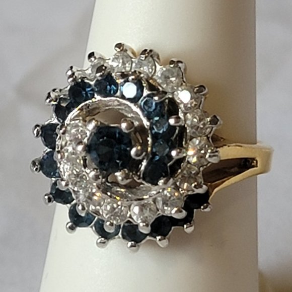 Faux Sapphire & Diamond Swirled Gold Tone Cocktail Ring Size 8 - Picture 6 of 8